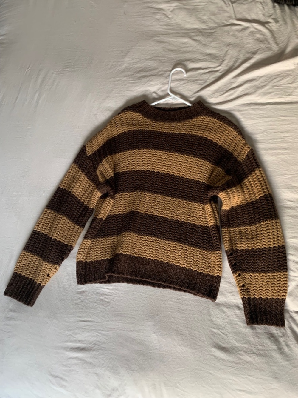 Striped Chunky Knit Crewneck Sweater Brown Tan Small/Medium Cozy Fall Winter - Picture 2 of 3